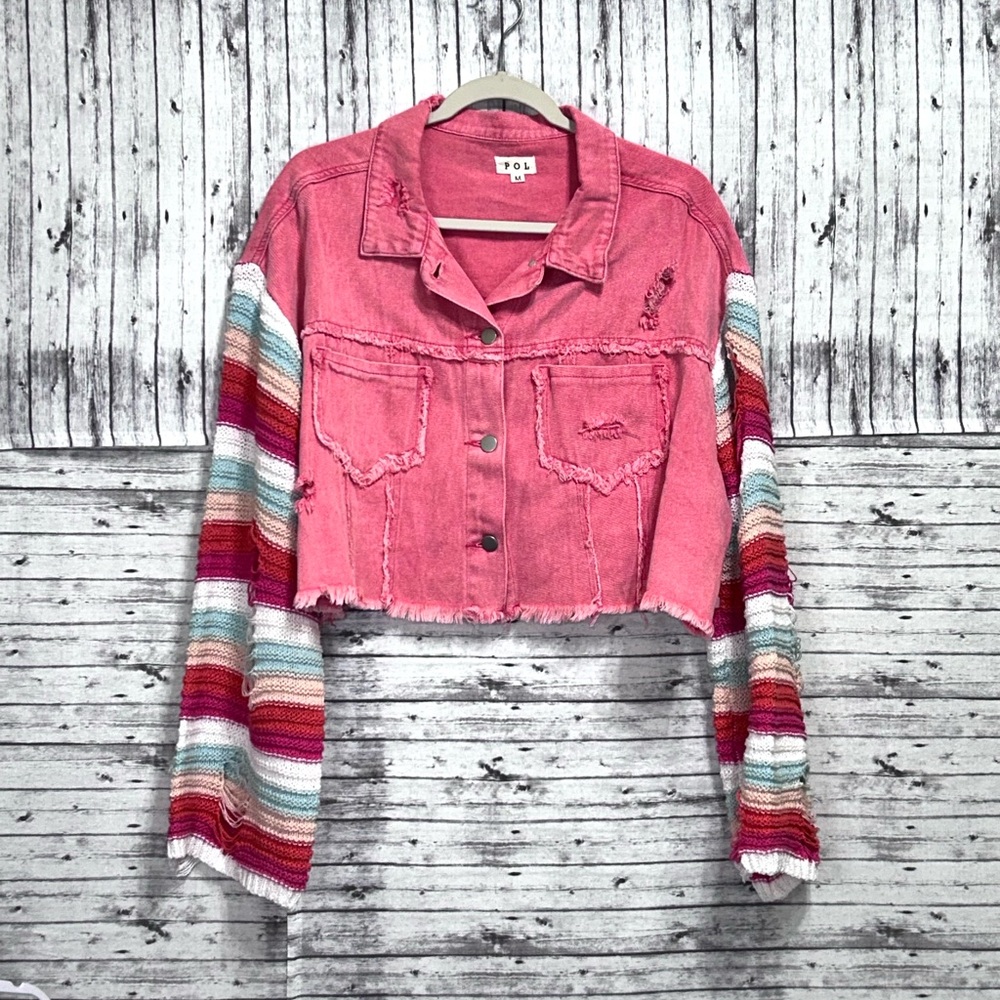 POL Crochet Sleeve Oversized Cropped Denim Jacket